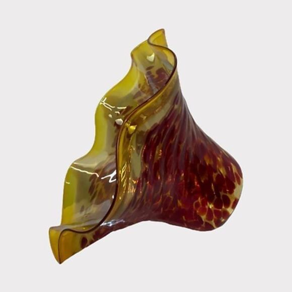 Wimberley Glass Works Art Bowl Vase Ruffled Scalloped Edges Amber Red Signed New - Picture 3 of 12